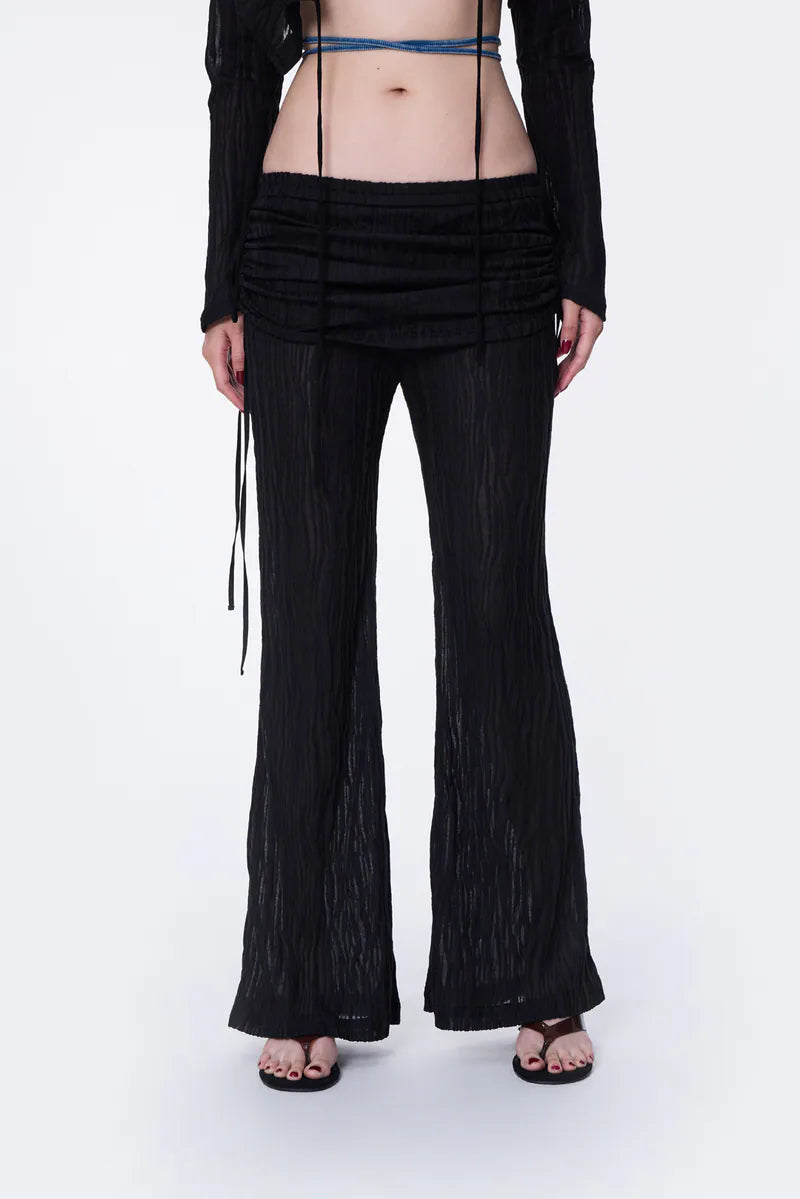 Sheer Gathered Panel Flare Pants