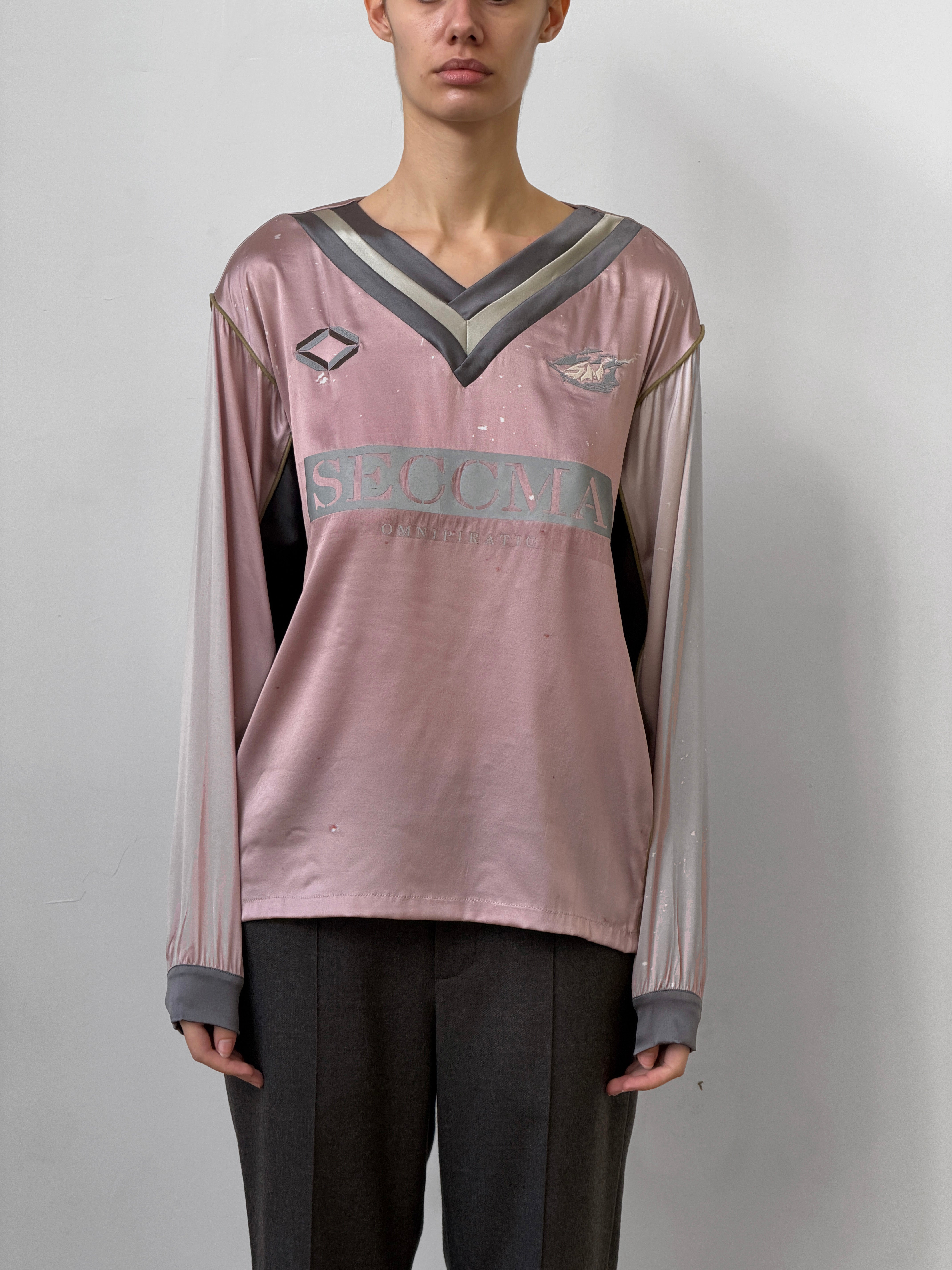 Pink Dust Silk V-neck Football Top double V-neck Short Sleeve Top