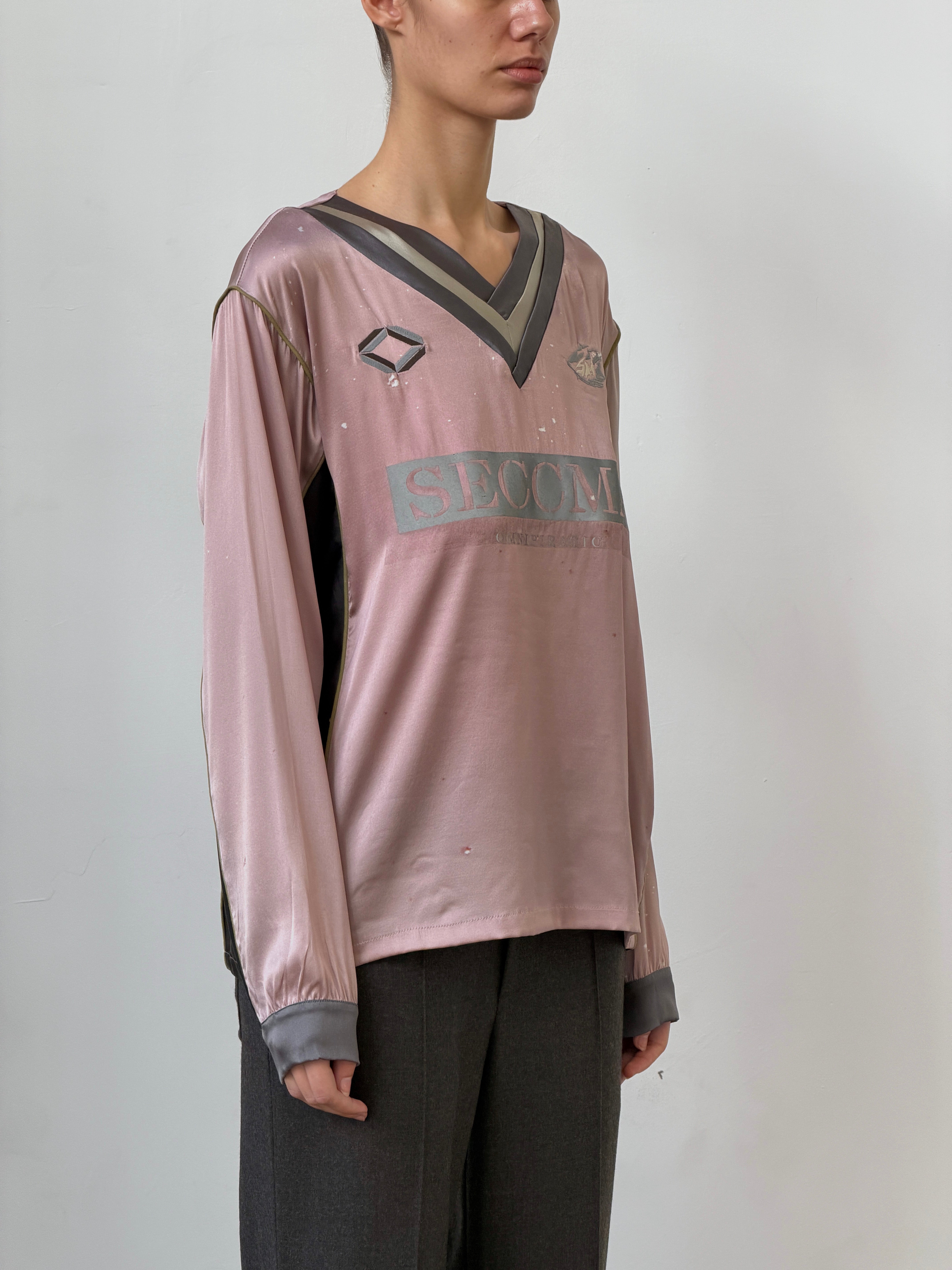Pink Dust Silk V-neck Football Top double V-neck Short Sleeve Top