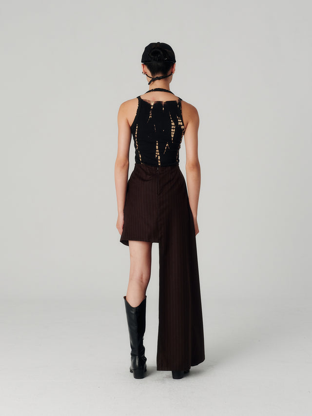 Brown Pinstr Split Skirt