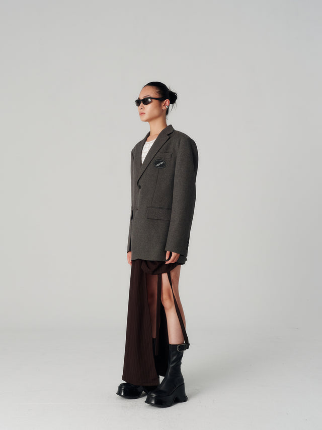 Brown Pinstr Split Skirt