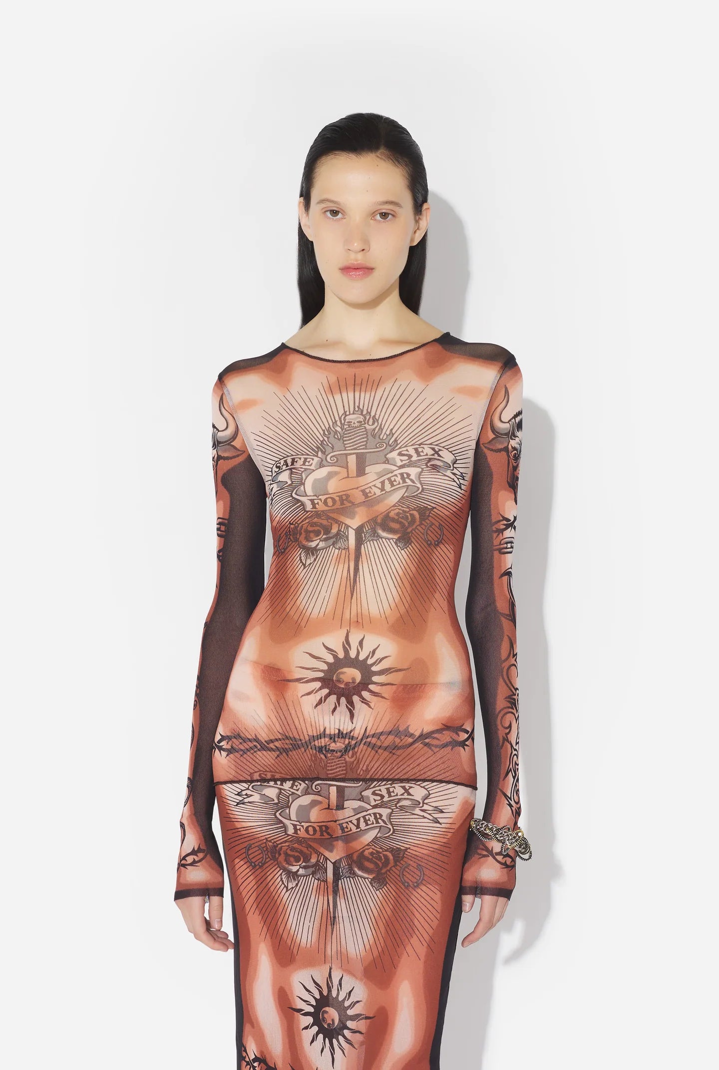 Long Sleeves Crew Neck Top - Printed "safe Sex Tatoo"