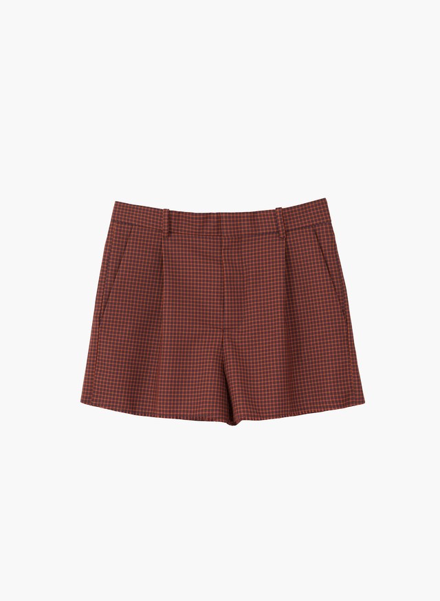 Paneled Wool Construction Check Pattern Red Shorts