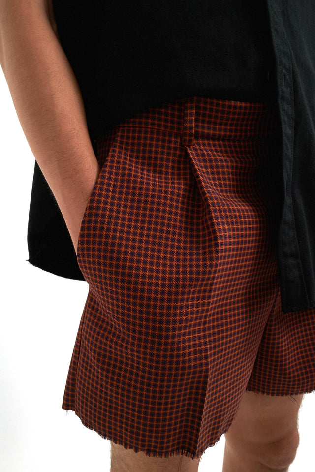 Paneled Wool Construction Check Pattern Red Shorts