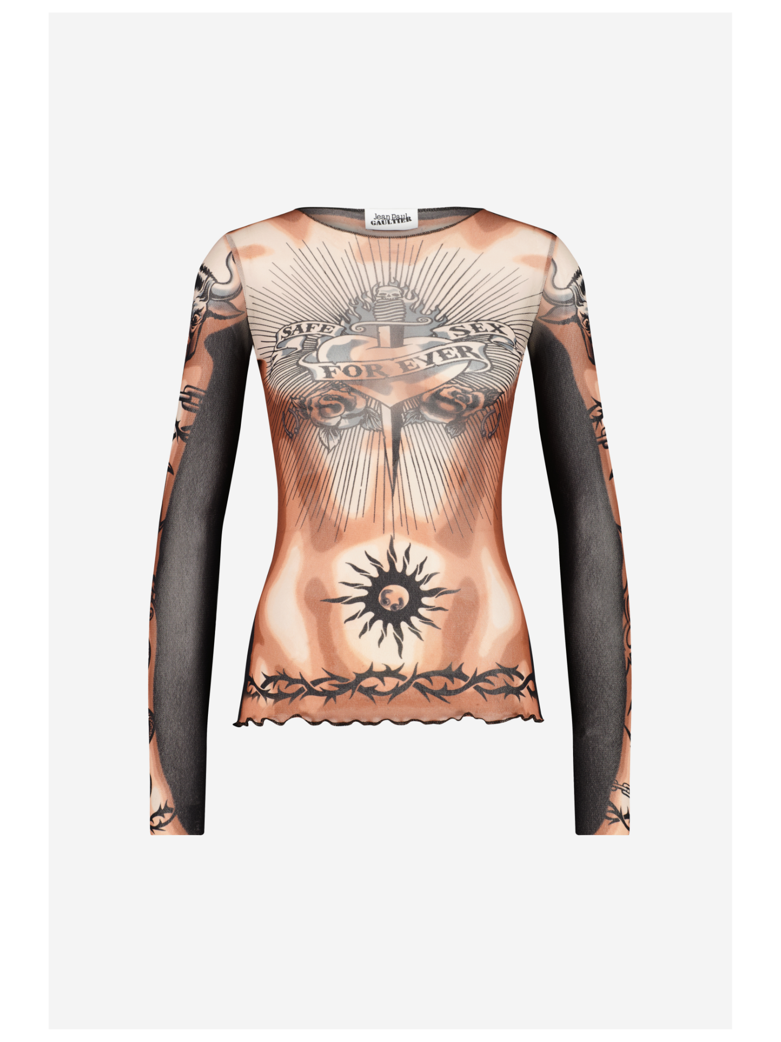 Long Sleeves Crew Neck Top - Printed "safe Sex Tatoo"