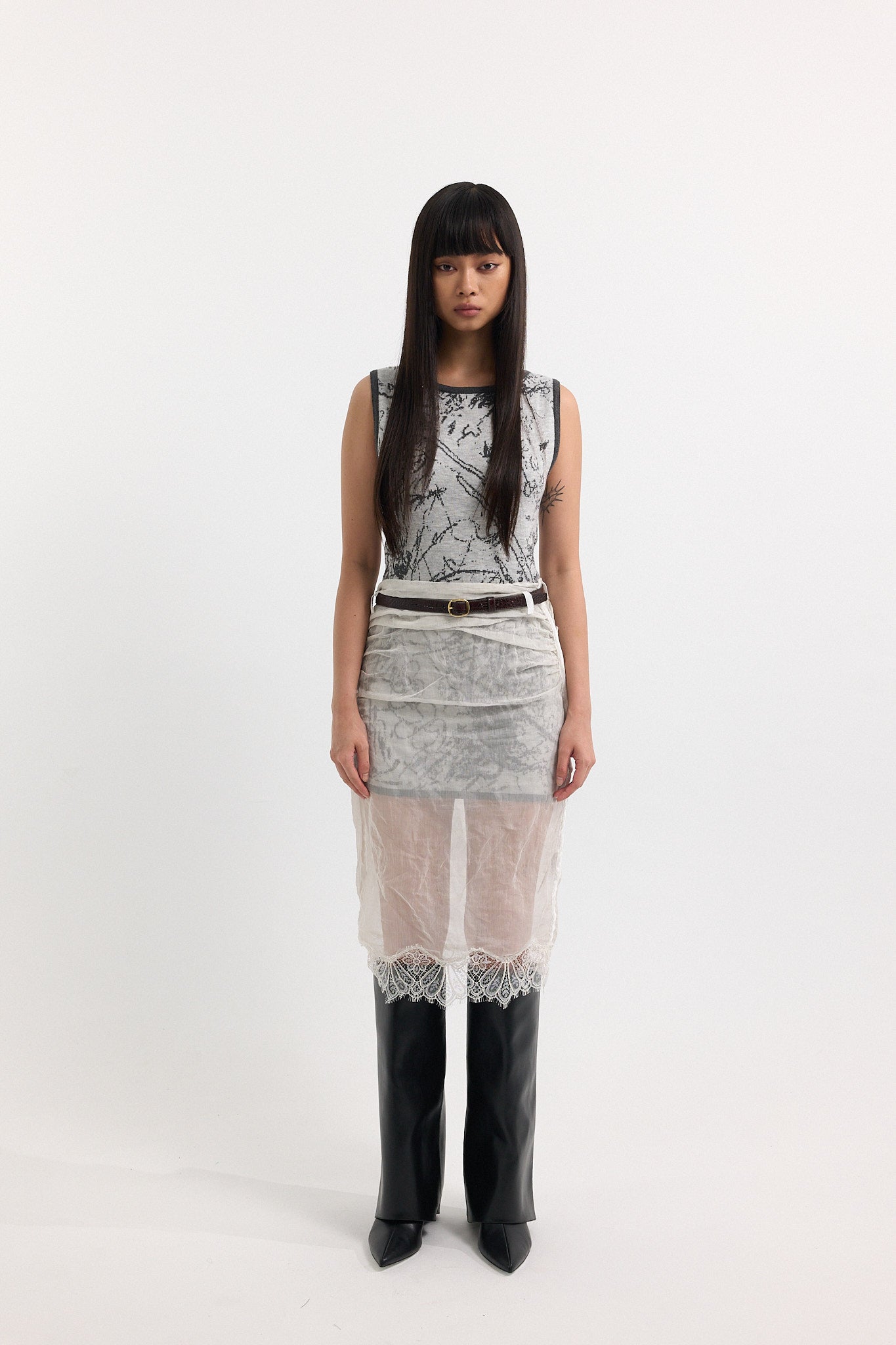 Wrinkled Organza Belt Skirt